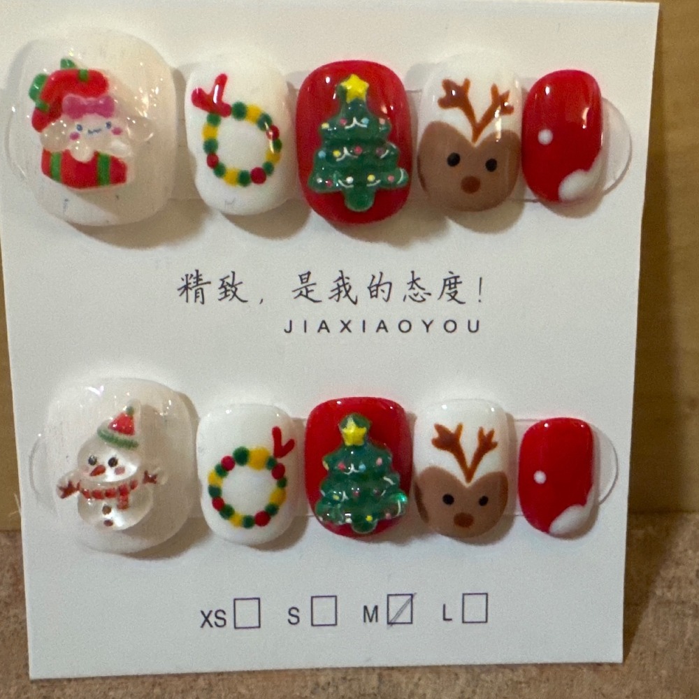 Christmas Press On Nails 3D Santa Snowman Reindeer Holiday Set Size M